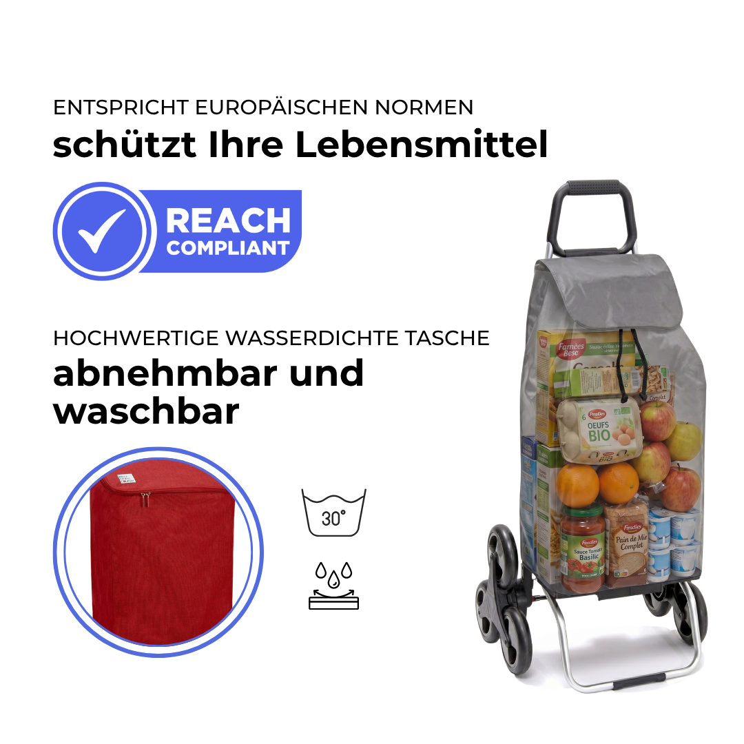 Einkaufstrolley Carlux Rot 47 L, 6 Räder Treppensteiger, REACH-konform, wasserdichte Tasche abnehmbar und bei 30 Grad waschbar