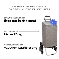 Einkaufstrolley Carlux Grau 47 L, 6 Räder Treppensteiger, ergonomischer Griff, bis zu 30 kg Stauraum, leise Räder mit über 200 km Laufleistung