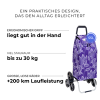 Einkaufstrolley Carlux Purpleleaves 55 L, 6 Räder Treppensteiger, ergonomischer Griff, bis zu 30 kg Stauraum, leise Räder mit über 200 km Laufleistung