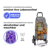 Einkaufstrolley Carlux Purpleleaves 55 L, 6 Räder Treppensteiger, REACH-konform, wasserdichte Tasche abnehmbar und bei 30 Grad waschbar