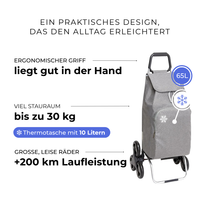 Einkaufstrolley Carlux Grau meliert 65 L, mit 10-L-Kühltasche, 6 Räder Treppensteiger, ergonomischer Griff, bis zu 30 kg Stauraum, leise Räder mit über 200 km Laufleistung