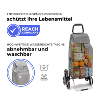 Einkaufstrolley Carlux Grau meliert 65 L, mit 10-L-Kühltasche, 6 Räder Treppensteiger, REACH-konform, wasserdichte Tasche abnehmbar und bei 30 Grad waschbar