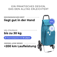 Einkaufstrolley Carlux Entenblau meliert 65 L, mit 10-L-Kühltasche, 6 Räder Treppensteiger, ergonomischer Griff, bis zu 30 kg Stauraum, leise Räder mit über 200 km Laufleistung