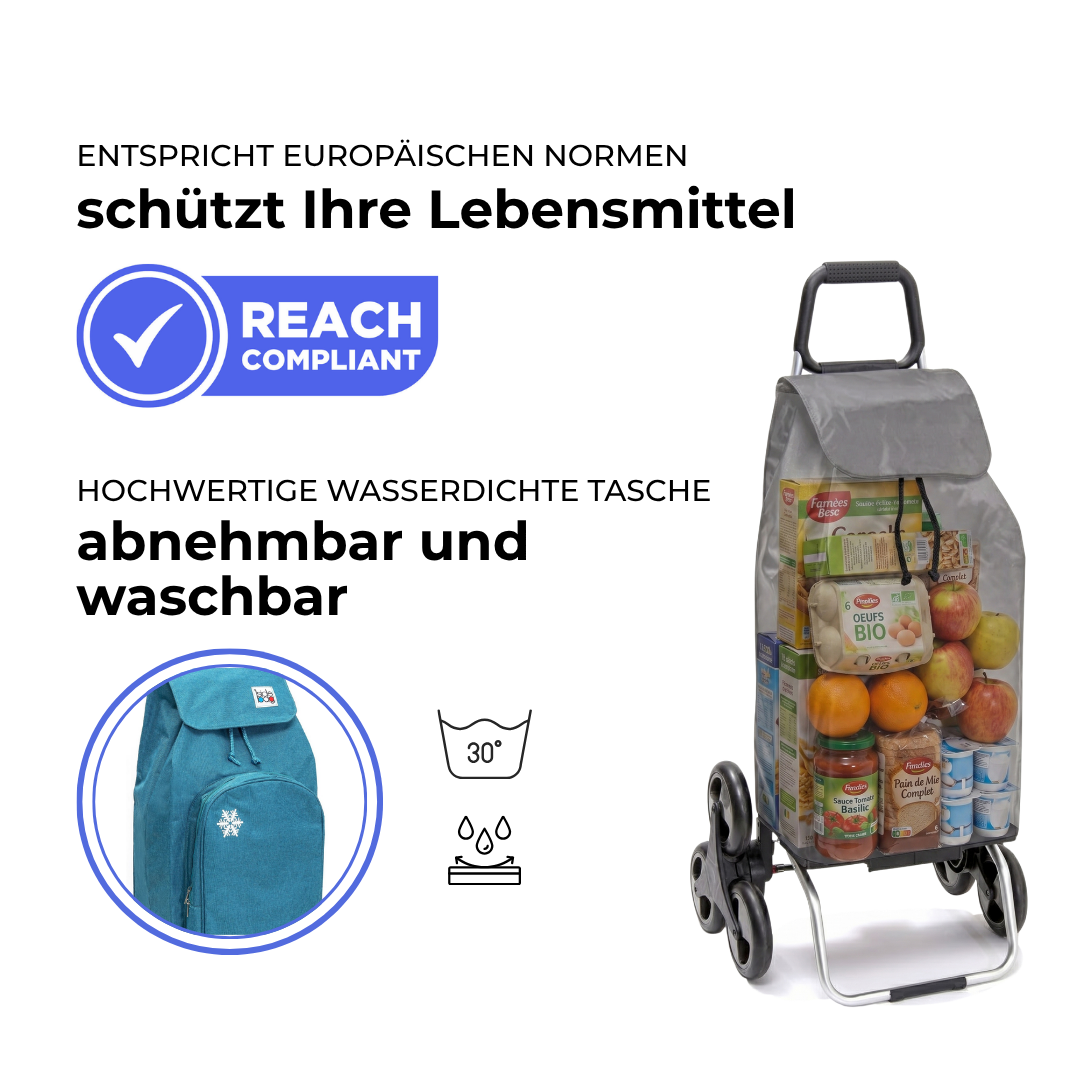 Einkaufstrolley Carlux Entenblau meliert 65 L, mit 10-L-Kühltasche, 6 Räder Treppensteiger, REACH-konform, wasserdichte Tasche abnehmbar und bei 30 Grad waschbar