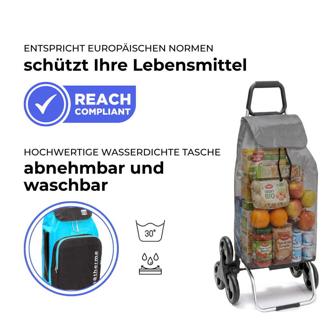 Einkaufstrolley Carlux Türkis-Anthrazit 65 L, mit 10-L-Kühltasche, 6 Räder Treppensteiger, REACH-konform, wasserdichte Tasche abnehmbar und bei 30 Grad waschbar