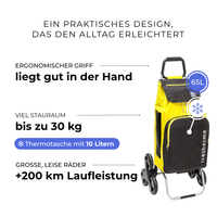Einkaufstrolley Carlux Gelb-Schwarz 65 L, mit 10-L-Kühltasche, 6 Räder Treppensteiger, ergonomischer Griff, bis zu 30 kg Stauraum, leise Räder mit über 200 km Laufleistung