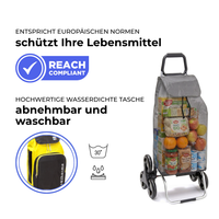 Einkaufstrolley Carlux Gelb-Schwarz 65 L, mit 10-L-Kühltasche, 6 Räder Treppensteiger, REACH-konform, wasserdichte Tasche abnehmbar und bei 30 Grad waschbar