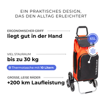 Einkaufstrolley Carlux Orange-Schwarz 65 L, mit 10-L-Kühltasche, 6 Räder Treppensteiger, ergonomischer Griff, bis zu 30 kg Stauraum, leise Räder mit über 200 km Laufleistung