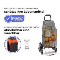 Einkaufstrolley Carlux Orange-Schwarz 65 L, mit 10-L-Kühltasche, 6 Räder Treppensteiger, REACH-konform, wasserdichte Tasche abnehmbar und bei 30 Grad waschbar