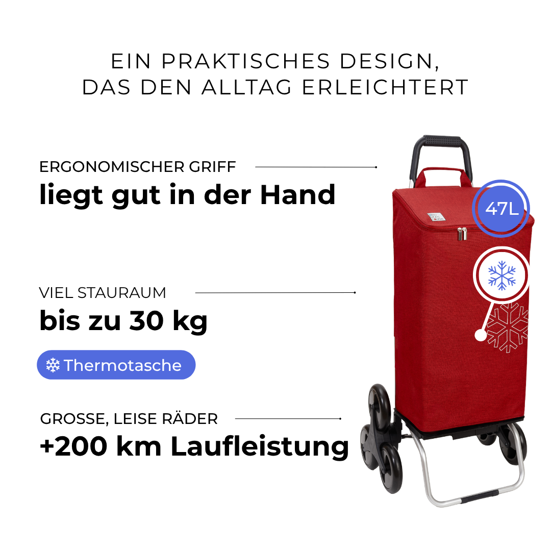 Einkaufstrolley Carlux Rot 47 L, vollständig isoliert, 6 Räder Treppensteiger, ergonomischer Griff, bis zu 30 kg Stauraum, leise Räder mit über 200 km Laufleistung