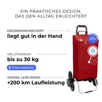 Einkaufstrolley Carlux Rot 47 L, vollständig isoliert, 6 Räder Treppensteiger, ergonomischer Griff, bis zu 30 kg Stauraum, leise Räder mit über 200 km Laufleistung