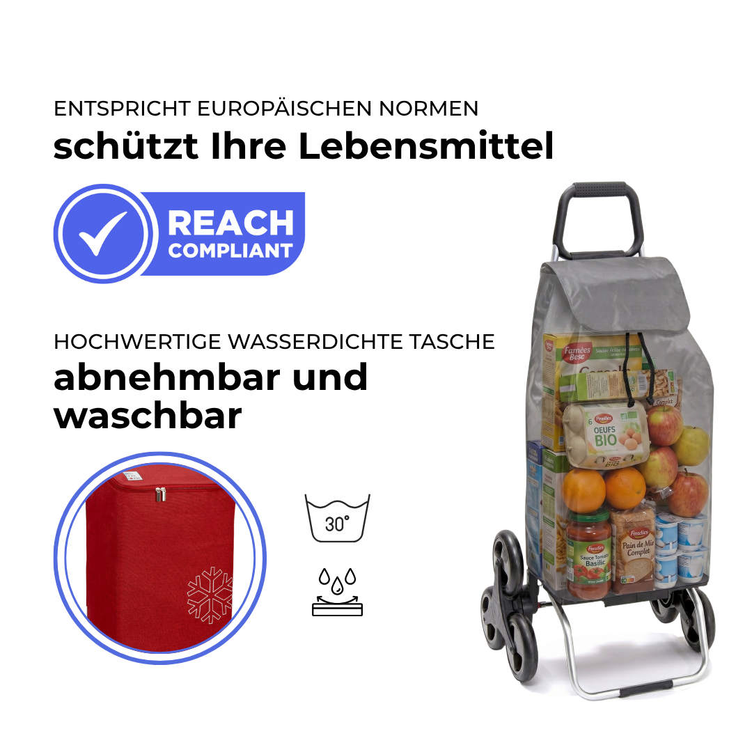 Einkaufstrolley Carlux Rot 47 L, vollständig isoliert, 6 Räder Treppensteiger, REACH-konform, wasserdichte Tasche abnehmbar und bei 30 Grad waschbar