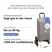 Einkaufstrolley Carlux Grau 47 L, vollständig isoliert, 6 Räder Treppensteiger, ergonomischer Griff, bis zu 30 kg Stauraum, leise Räder mit über 200 km Laufleistung