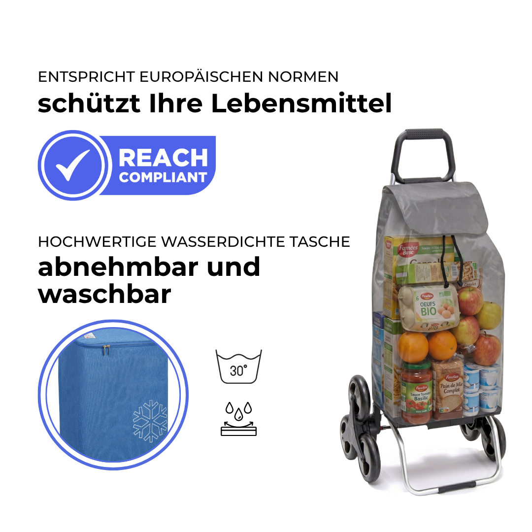 Einkaufstrolley Carlux Blau 47 L, vollständig isoliert, 6 Räder Treppensteiger, REACH-konform, wasserdichte Tasche abnehmbar und bei 30 Grad waschbar
