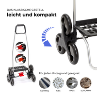 Infographie en allemand : le châssis 6 roues du Carlux monte les escaliers et roule sur tous les sols #de