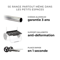 Infographie : le chariot de courses Carlux 2 roues se range partout même dans les petits espaces, châssis aluminium garanti 3 ans, support caillebotis anti-déformation, pliage en 1 seconde