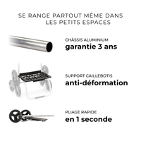 Infographie : le chariot de courses Carlux 6 roues se range partout même dans les petits espaces, châssis aluminium garanti 3 ans, support caillebotis anti-déformation, pliage en 1 seconde
