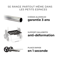 Infographie : châssis aluminium garanti 3 ans, support caillebotis anti-déformation et pliage en 1 seconde #fr