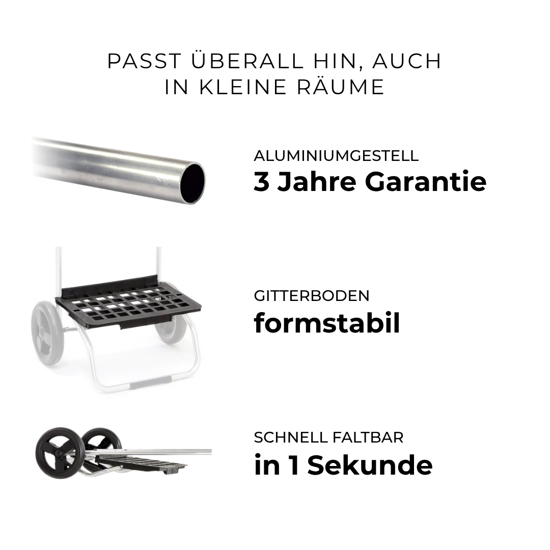 Passt überall hin, auch in kleine Räume: Aluminiumgestell mit 3 Jahren Garantie, formstabiler Gitterboden, faltbar in 1 Sekunde