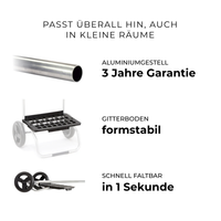 Passt überall hin, auch in kleine Räume: Aluminiumgestell mit 3 Jahren Garantie, formstabiler Gitterboden, faltbar in 1 Sekunde